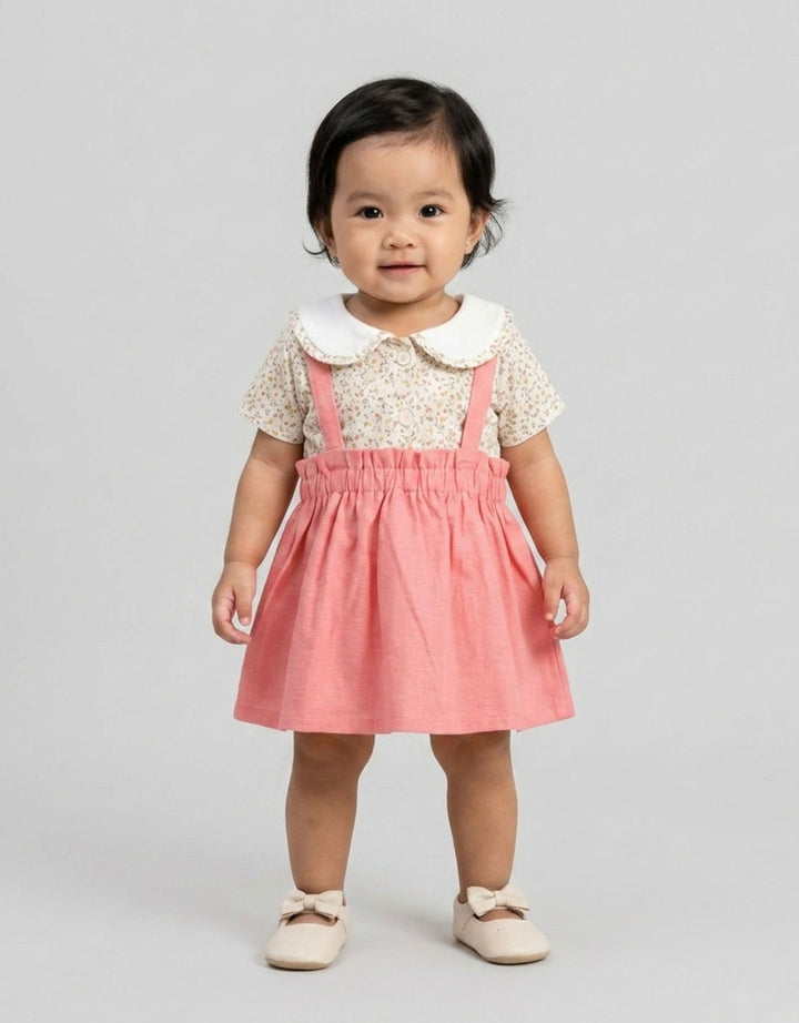 Little M Overall Woven Print Bunga Midi Dress Setelan Bayi