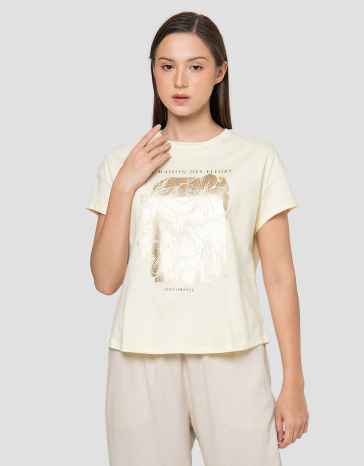 Connexion Foil Blok Flower Kaos Lengan Pendek Wanita