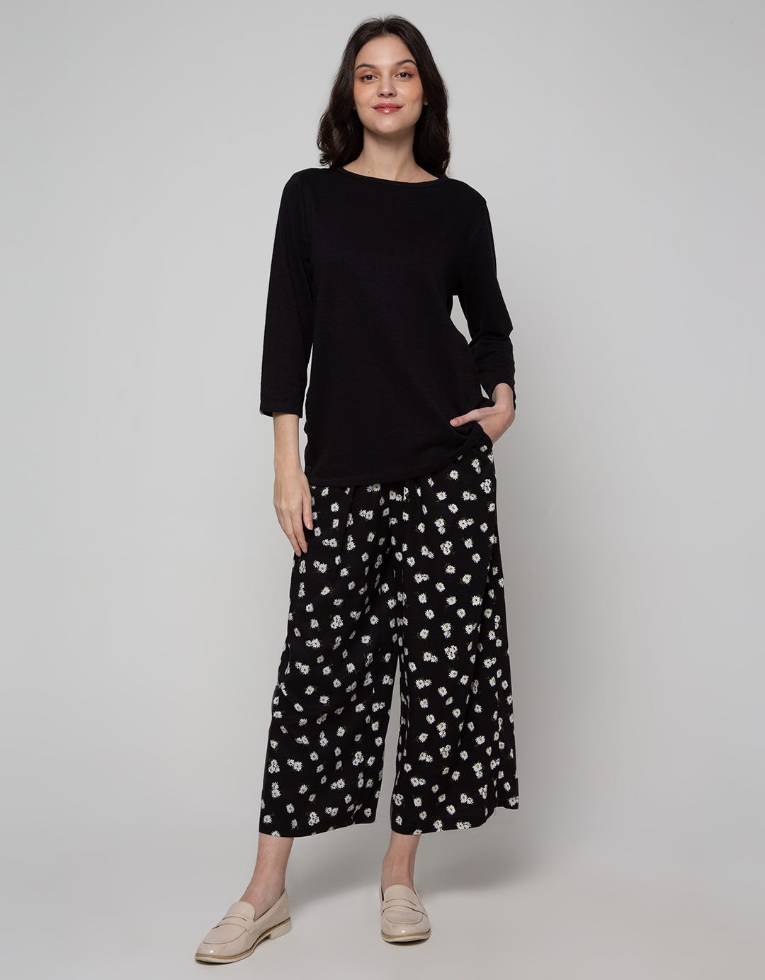 Details Long Pants Pull On Wide Leg Trousers With Floral