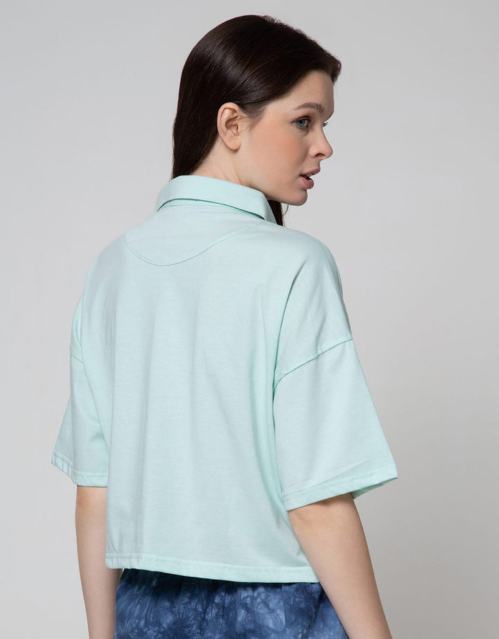 Details Short Sleeve T-Shirt With Collar-Placket And Front Chest Print