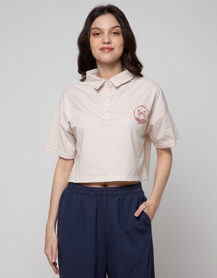 Details Short Sleeve T-Shirt With Collar-Placket And Front Chest Print