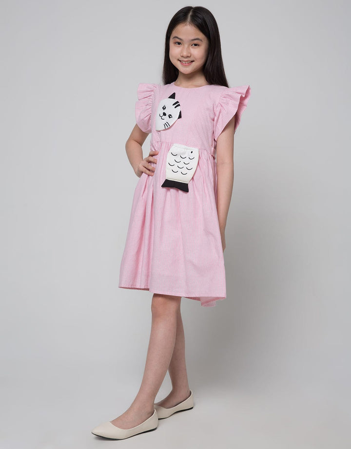 Kidz Too Short Sleeve Midi Dress Embroidered Cat Pouch