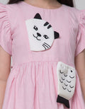 Kidz Too Short Sleeve Midi Dress Embroidered Cat Pouch