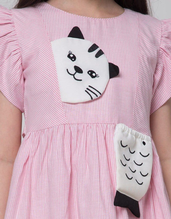 Kidz Too Short Sleeve Midi Dress Embroidered Cat Pouch