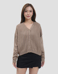 Nevada Solid Crop Flat Knit Cable Cardigan Wanita