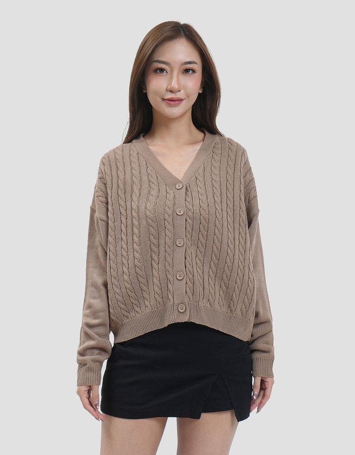 Nevada Solid Crop Flat Knit Cable Cardigan Wanita