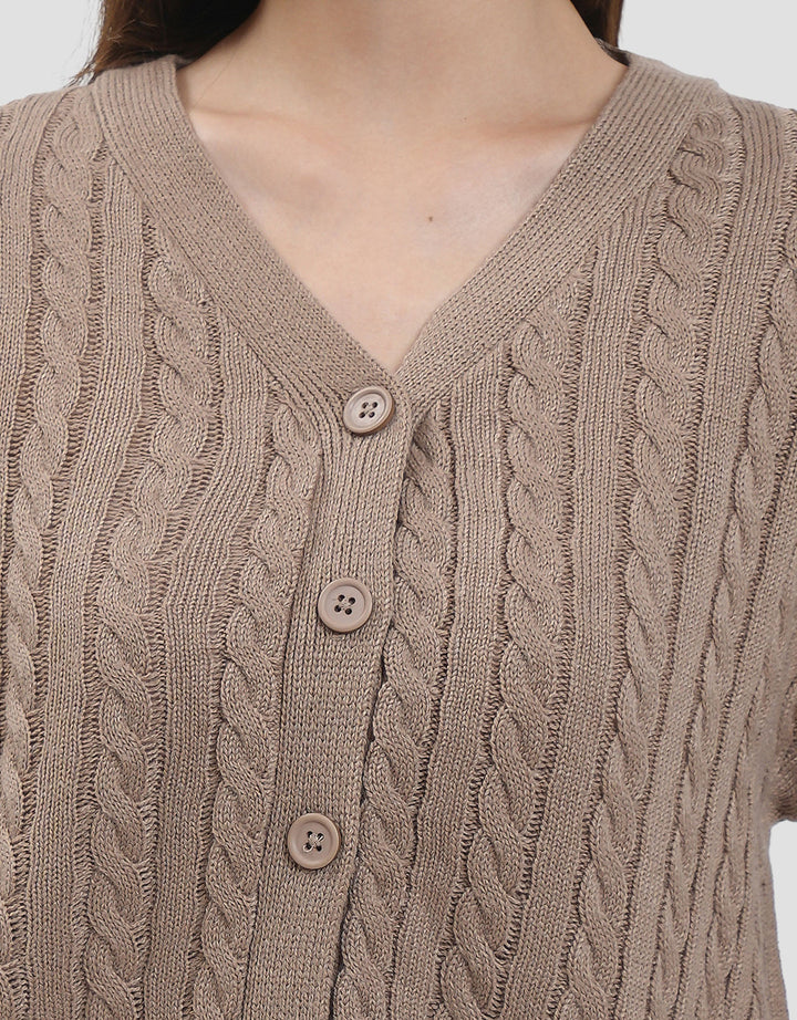 Nevada Solid Crop Flat Knit Cable Cardigan Wanita