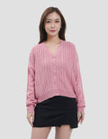 Nevada Solid Crop Flat Knit Cable Cardigan Wanita