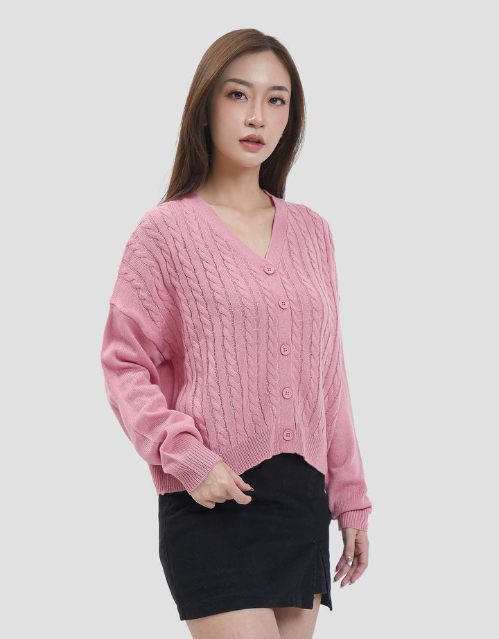 Nevada Solid Crop Flat Knit Cable Cardigan Wanita
