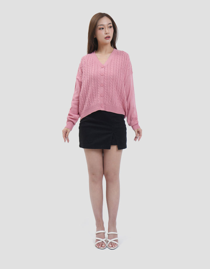 Nevada Solid Crop Flat Knit Cable Cardigan Wanita