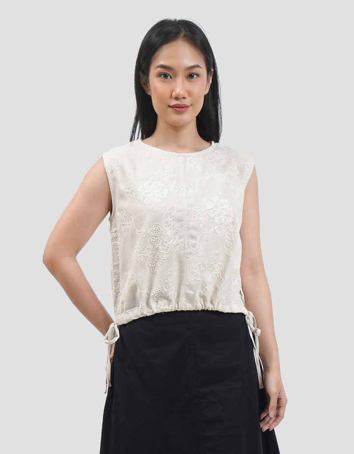 Connexion Cropped Full Embrodiery Drawstring Blouse Wanita