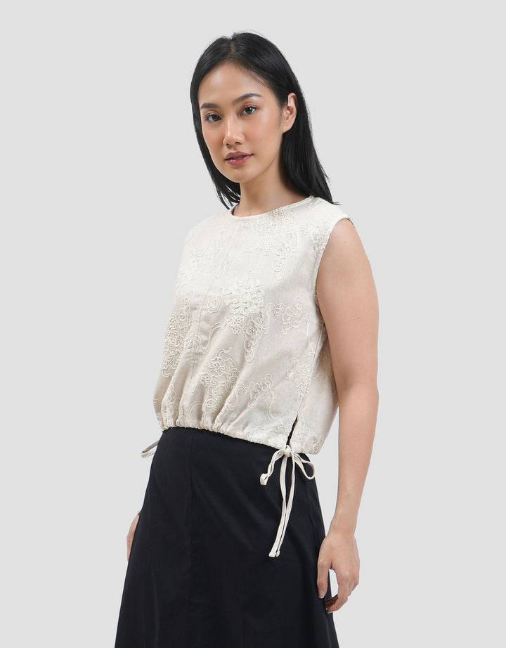 Connexion Cropped Full Embrodiery Drawstring Blouse Wanita