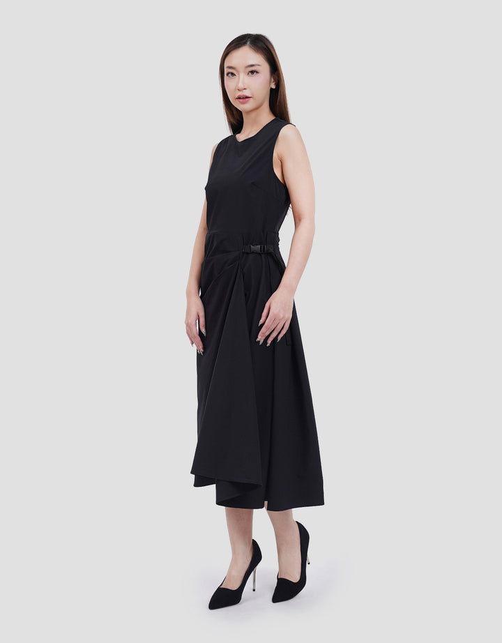 Suko Buckle Sleeveless Side Waist Buckle Gaun Midi Wanita