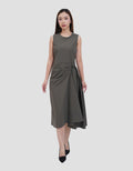 Suko Buckle Sleeveless Side Waist Buckle Gaun Midi Wanita