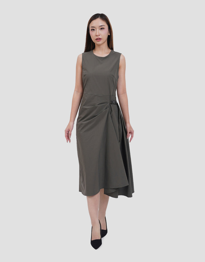 Suko Buckle Sleeveless Side Waist Buckle Gaun Midi Wanita