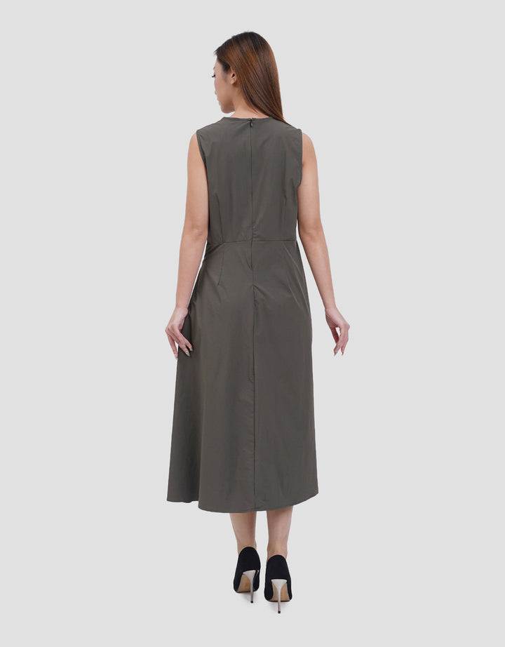 Suko Buckle Sleeveless Side Waist Buckle Gaun Midi Wanita