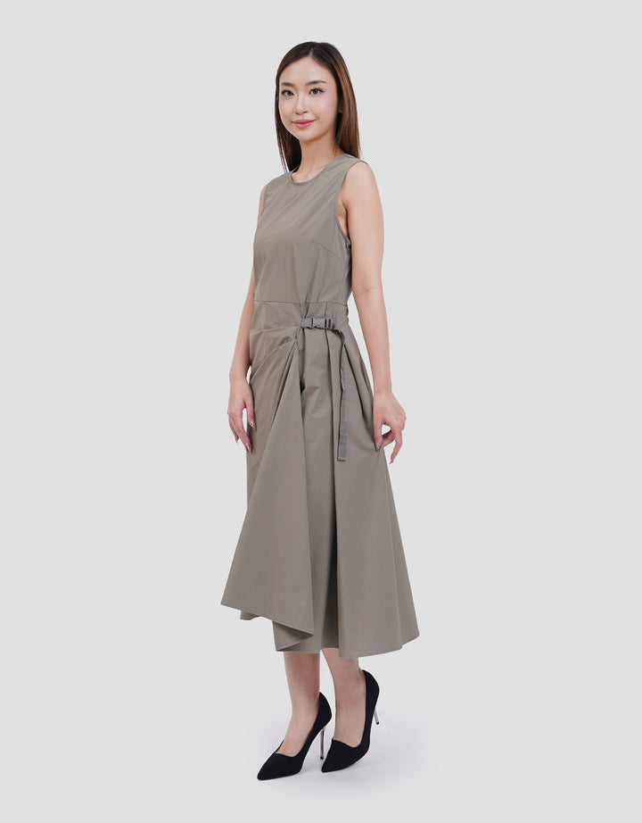 Suko Buckle Sleeveless Side Waist Buckle Gaun Midi Wanita