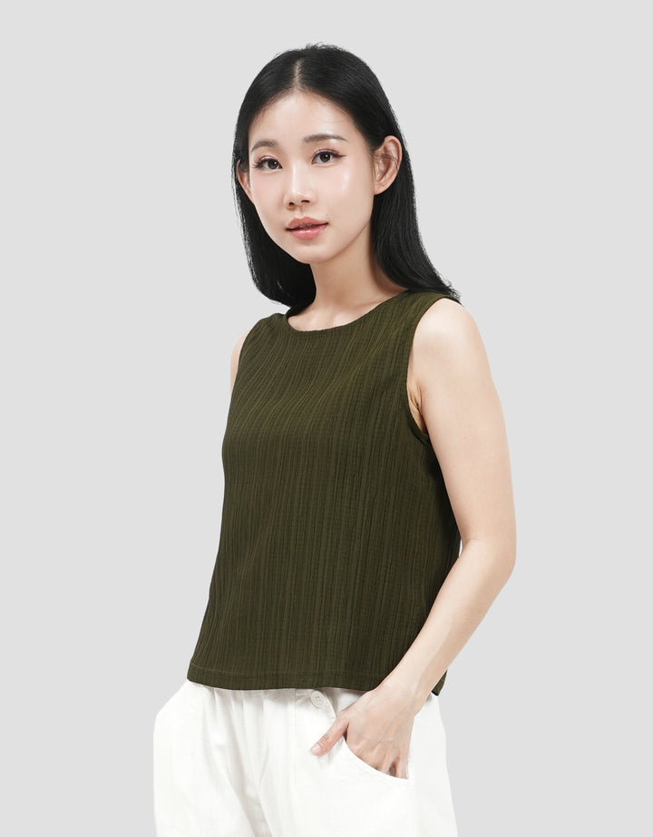 Suko Kerut Crinkle Kerah Bulat Blouse Sleeveless Wanita