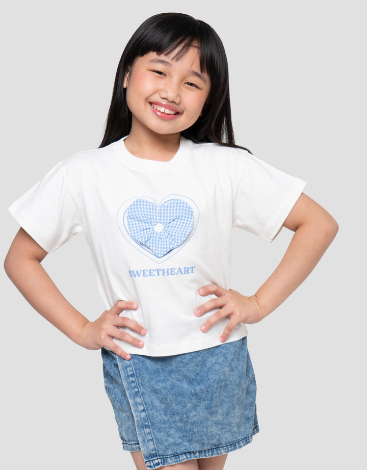 Little M Aplikasi Sweat Heart Print Kaos Anak Perempuan