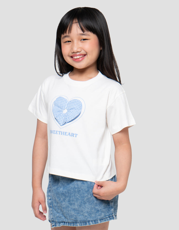 Little M Aplikasi Sweat Heart Print Kaos Anak Perempuan
