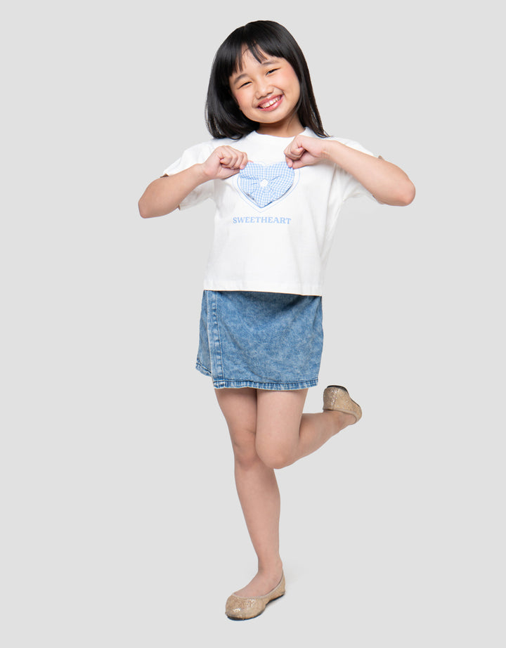 Little M Aplikasi Sweat Heart Print Kaos Anak Perempuan