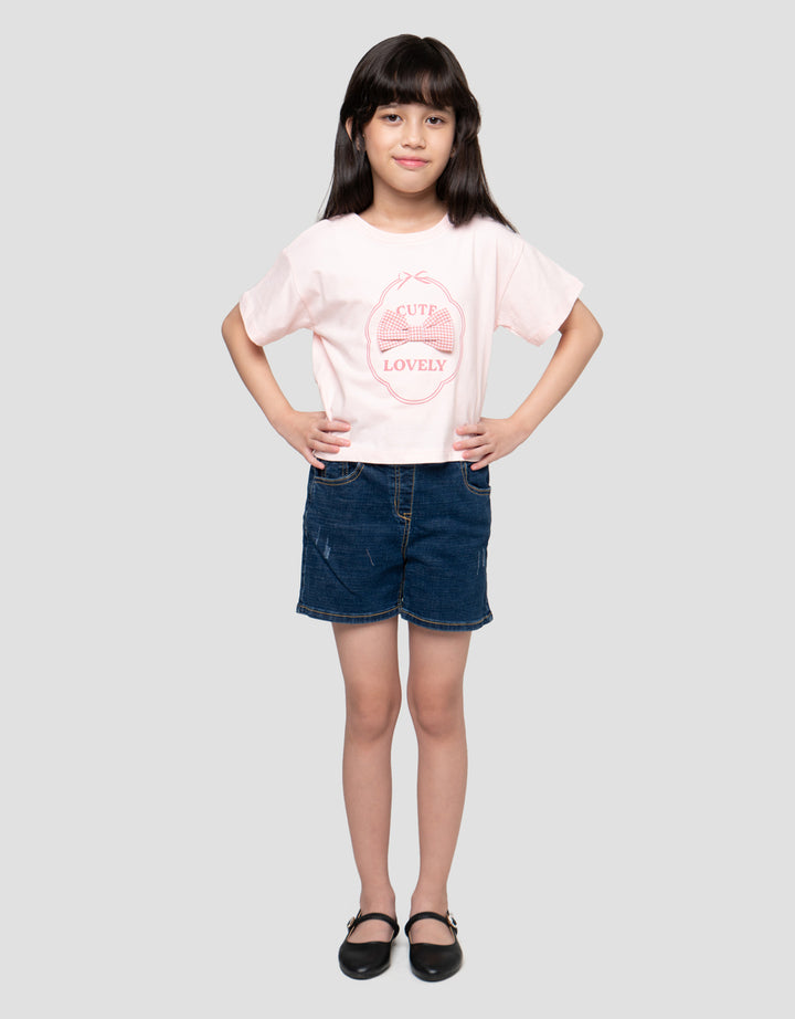Little M Aplikasi Sweet Moment Print Kaos Anak Perempuan