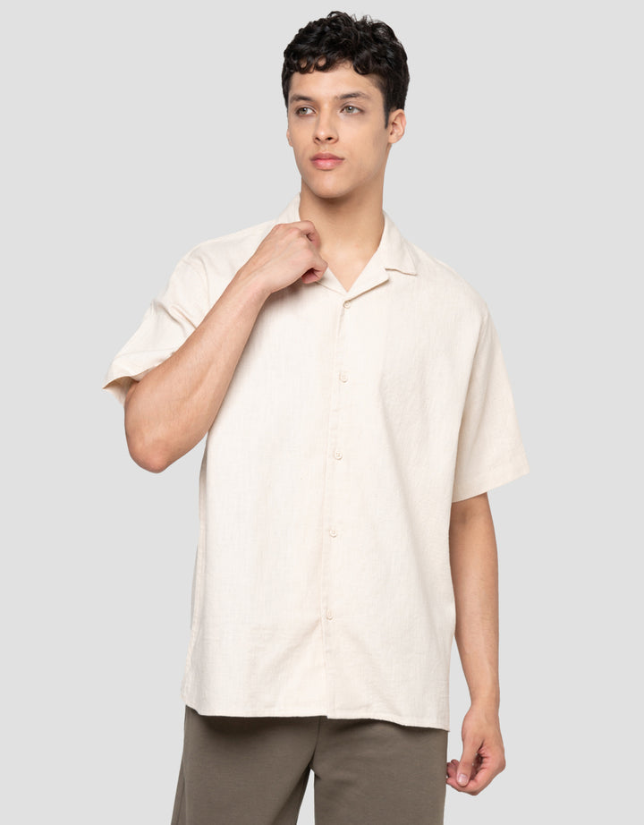 Cole Camp Colar Relax Fit Solid Linen Kemeja Pria
