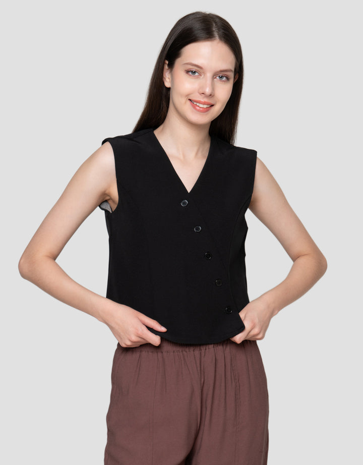 Connexion Fitted Seashell Button Asymetric Vest Wanita
