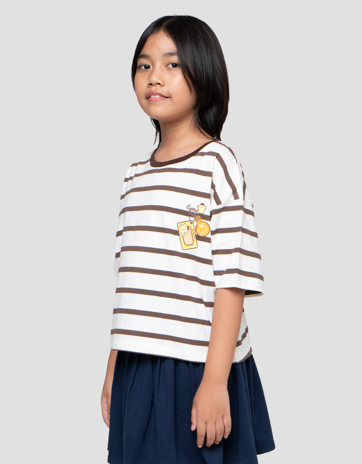 Character Print Stripe Pompompurin Kaos Anak Perempuan