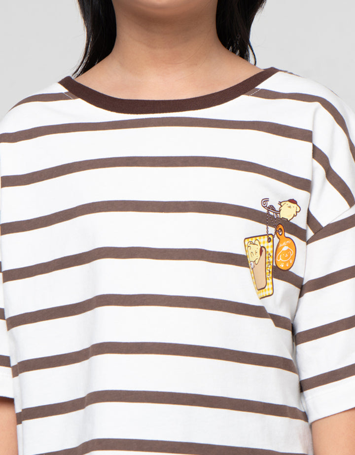 Character Print Stripe Pompompurin Kaos Anak Perempuan