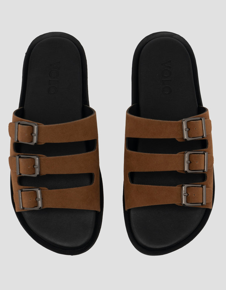 VOLO SLIP ON TRIPLE BUCKLE SANDAL FLAT AVA02 WANITA