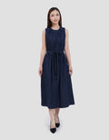 Suko Sleeveless Pleated Neck Dress Denim Wanita