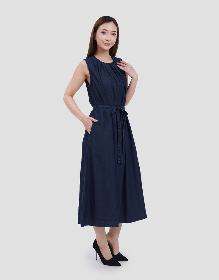Suko Sleeveless Pleated Neck Dress Denim Wanita