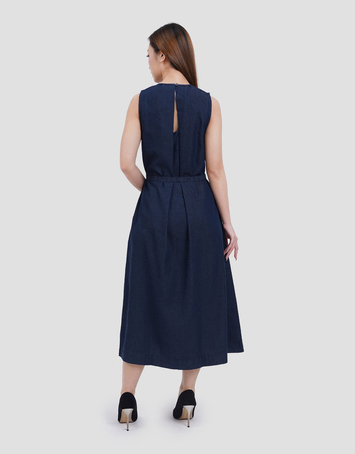 Suko Sleeveless Pleated Neck Dress Denim Wanita
