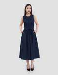 Suko Sleeveless Pleated Neck Dress Denim Wanita