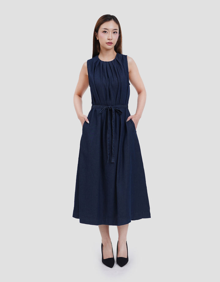 Suko Sleeveless Pleated Neck Dress Denim Wanita