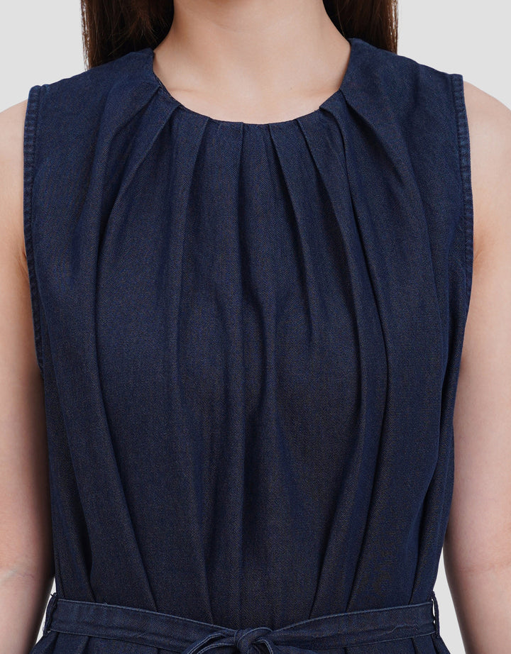 Suko Sleeveless Pleated Neck Dress Denim Wanita