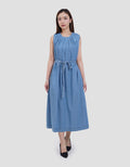 Suko Sleeveless Pleated Neck Dress Denim Wanita
