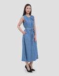 Suko Sleeveless Pleated Neck Dress Denim Wanita