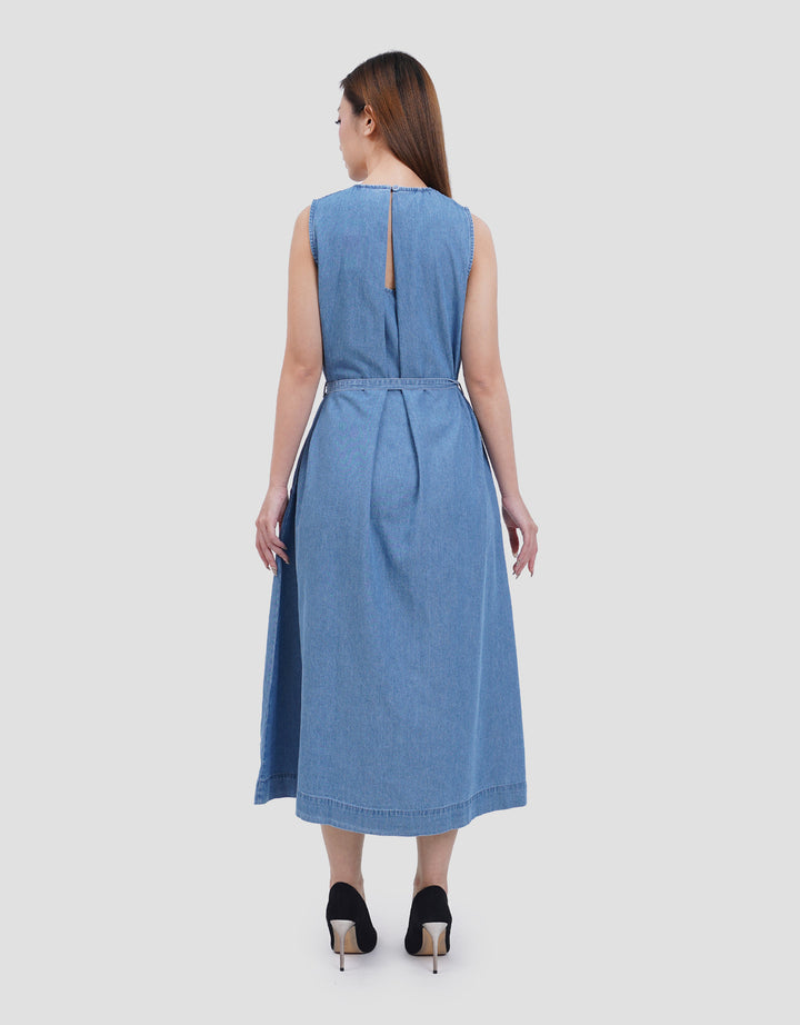 Suko Sleeveless Pleated Neck Dress Denim Wanita