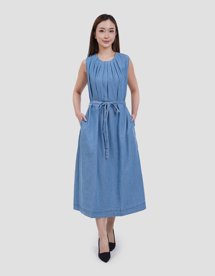 Suko Sleeveless Pleated Neck Dress Denim Wanita