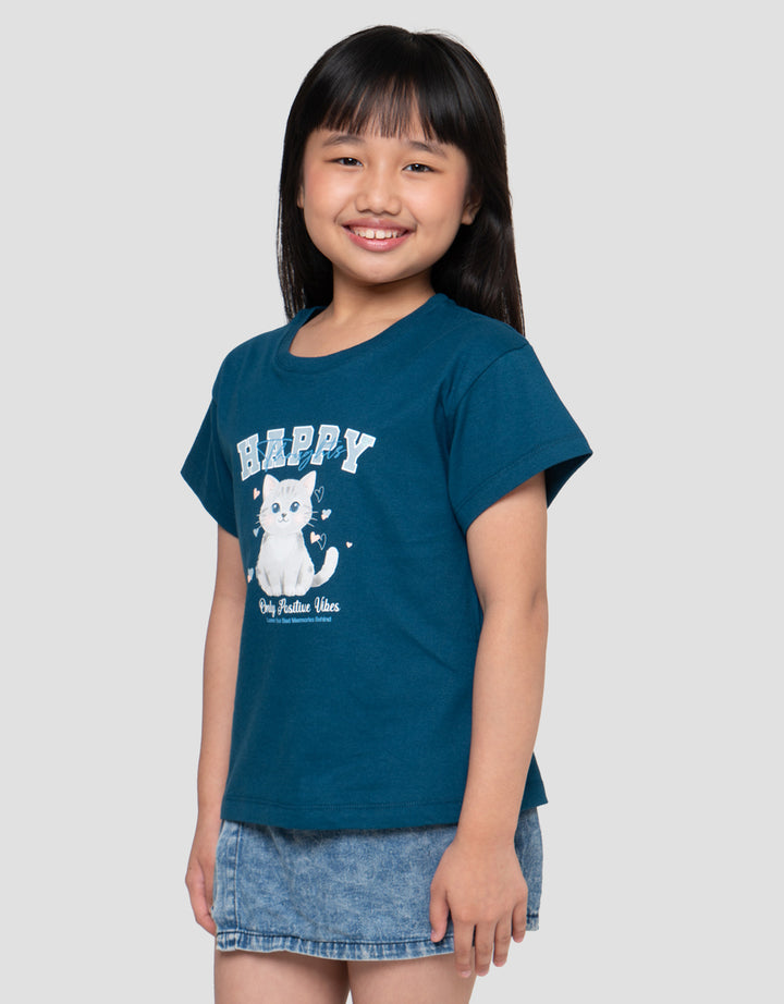 Little M Happy Cat Print Kaos Anak Perempuan