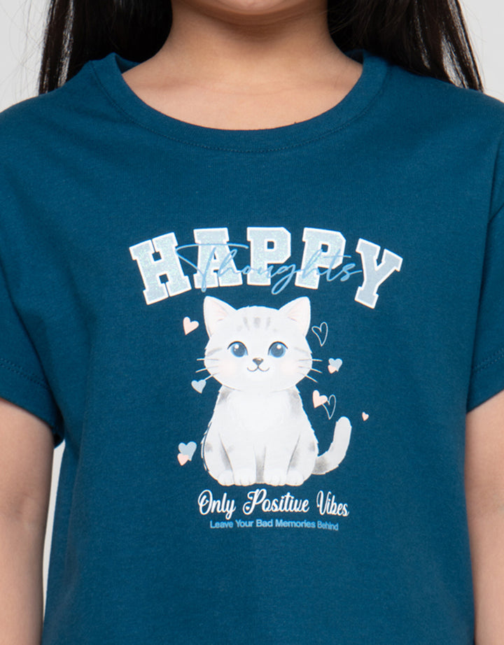 Little M Happy Cat Print Kaos Anak Perempuan