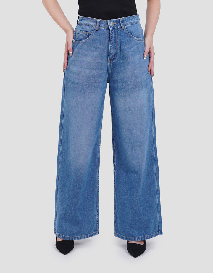 Connexion Wide Leg Full Length W/ Whisker Celana Jeans Wanita