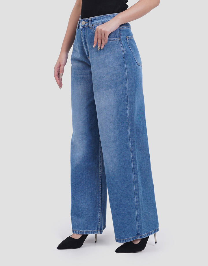 Connexion Wide Leg Full Length W/ Whisker Celana Jeans Wanita