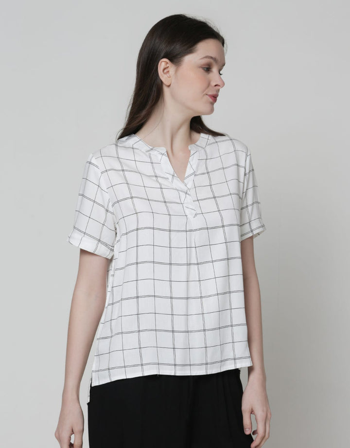 Connexion Short Sleeve Blouse Rayon Twill Print Windowpane