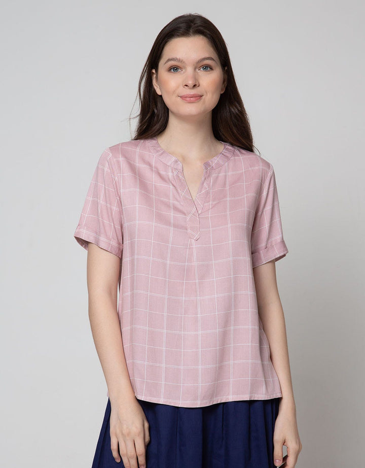 Connexion Short Sleeve Blouse Rayon Twill Print Windowpane