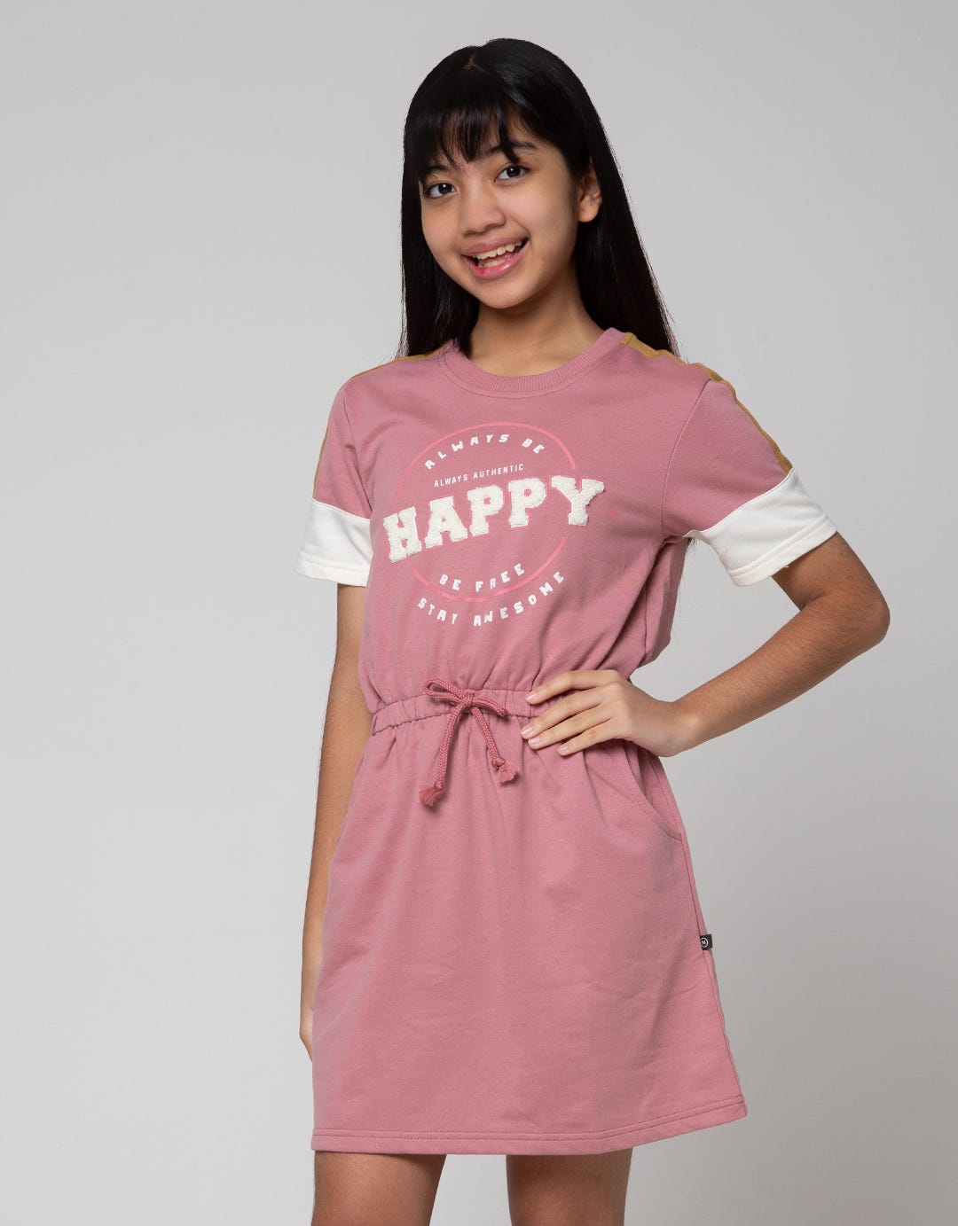 Nevada Short Sleeve Midi Dress Drawstring Waist Embroidered Towel