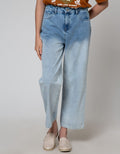 Details Denim Long Pants With Half Leg Bleach Spray Wash