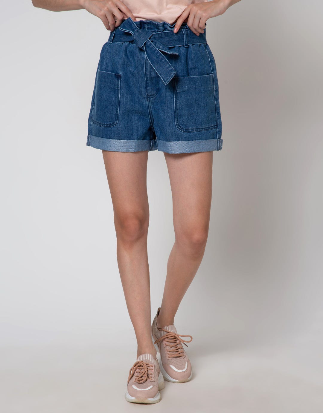 Details Denim Short Pants With Front Tie And Patch Pocket